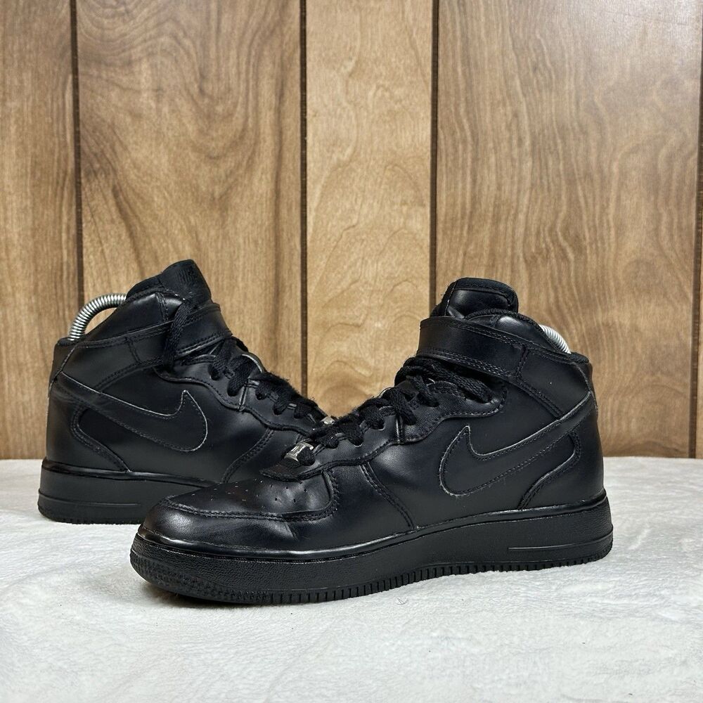 Nike Air Force 1 Mid Triple Black Sneakers Youth 6.5Y Womens 8 Leather Shoes